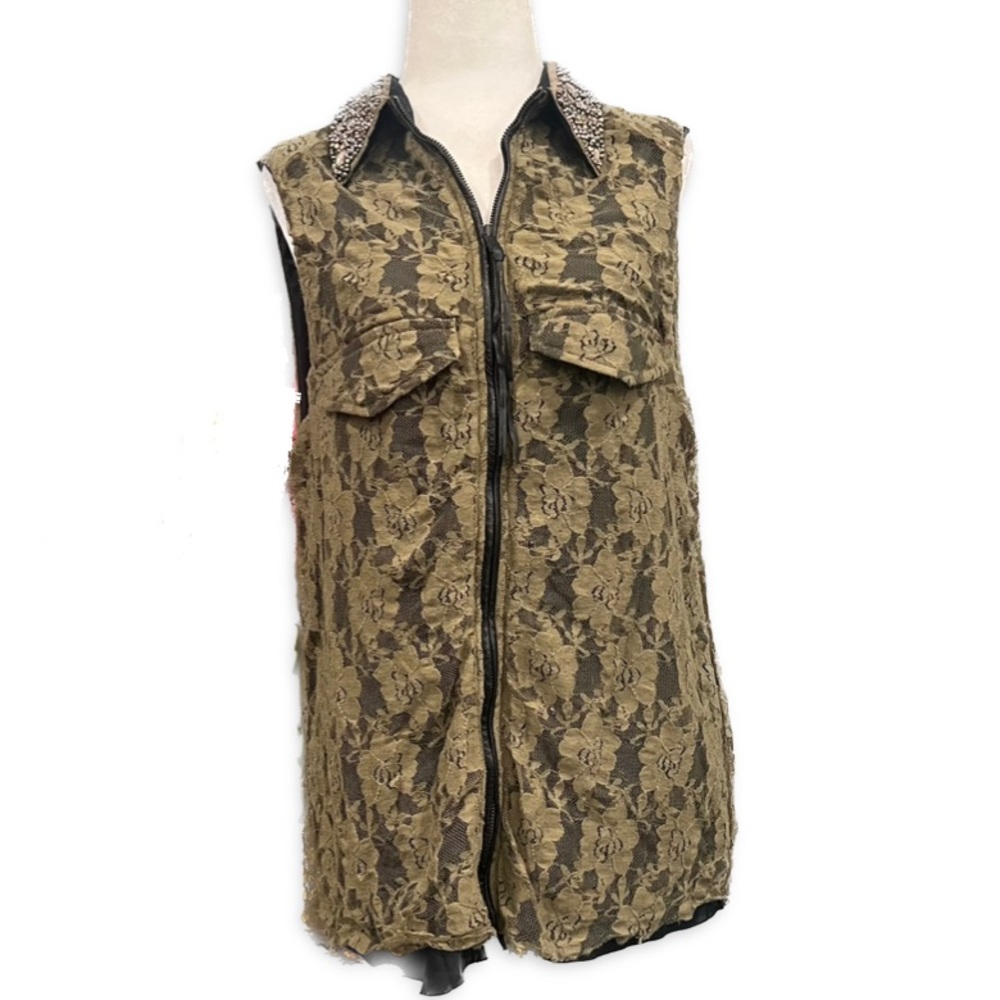 Diesel Olive Lace Sleeveless Zip-Front Vest with Embellished Collar